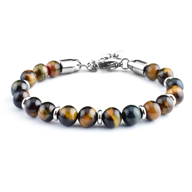 Stainless Steel 8MM Natural Stone Beads Tiger Eye Lava Stone Men Adjustable Size Bracelet