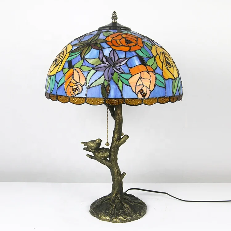 LongHuiJing Tiffany Style Stained Glass Lampshade Desk Lamps Rose Pattern Table Lamps With Antique Base