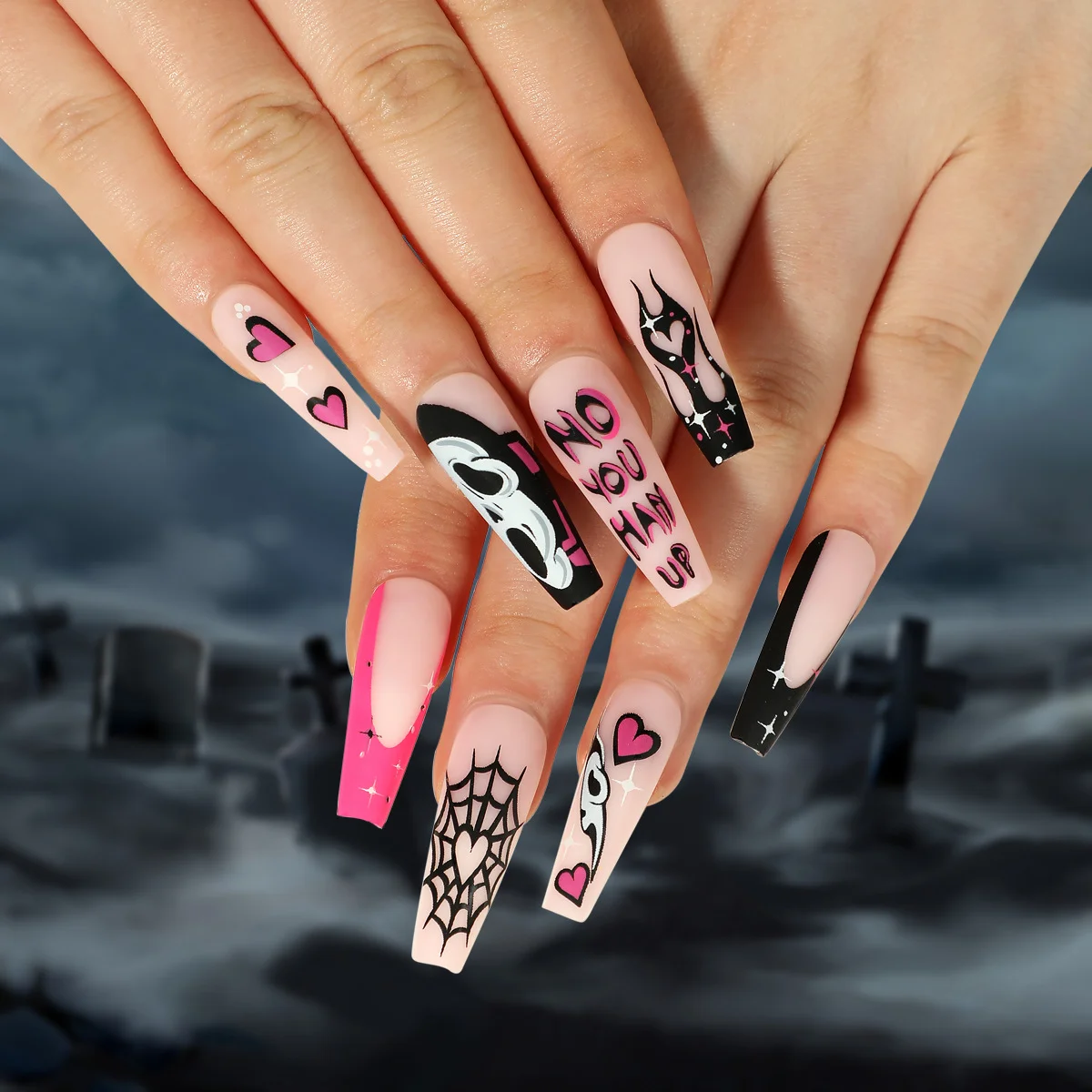 24tips Halloween Press on Nails Long Heart Ghost face Fake Nail Black French Tip False Nails Full Cover Square Shape with glue