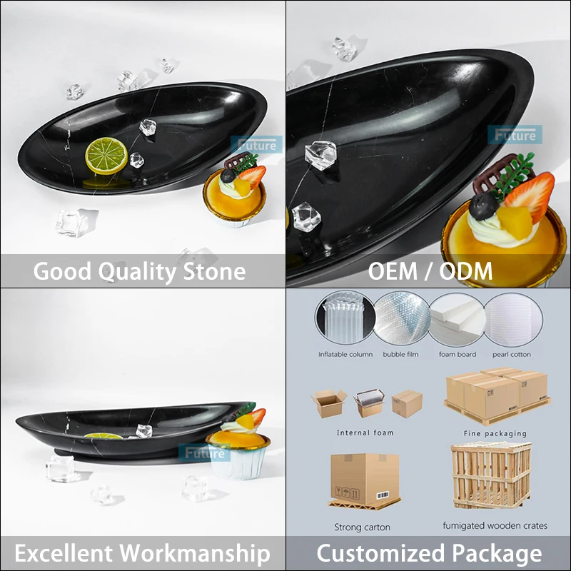 Future Stone Ship Shape Oval Natural Black Marquina Marble Serving Tray Fruit Tray For Home Decor Dining Table