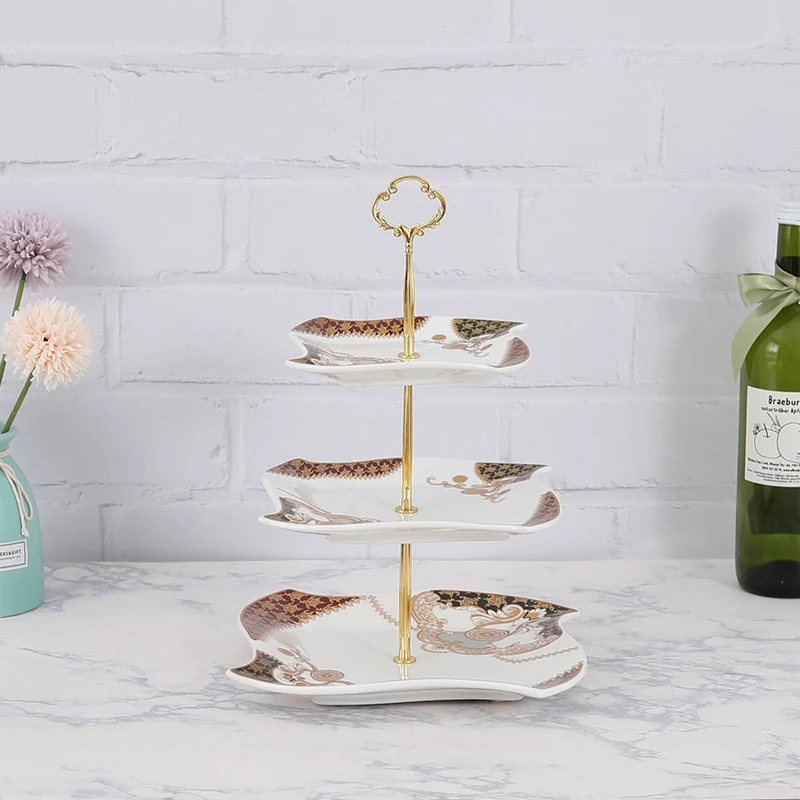 3 Tier Ceramic Display White Plate With Embossed Decal Design For Wedding Party Decor