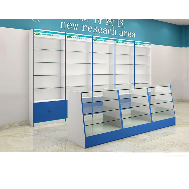 Meicheng Wooden Pharmacy Shelves Drug Display Rack Medicine Cabinet Glass Counter Pharmacy Display Cabinet Double Side Shelf