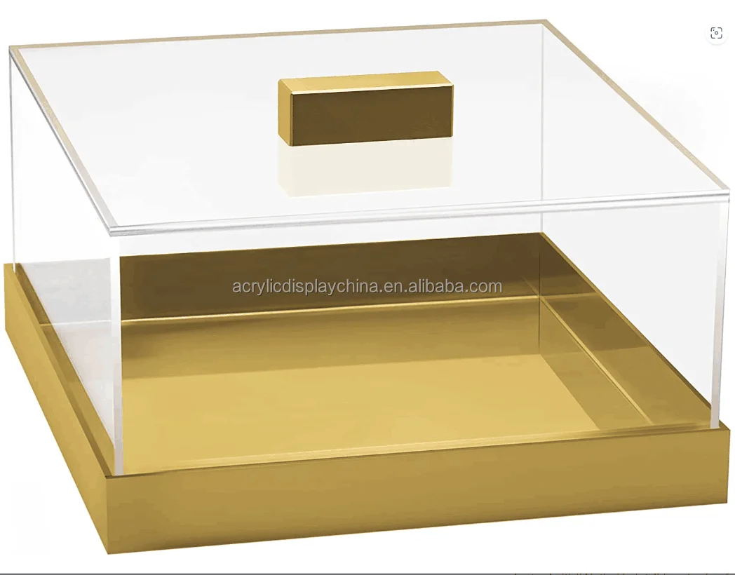 Acrylic Factory Customized Square Golden Tray High Quality Storage Display Tray Party Wedding Cake Food Tray With Lid