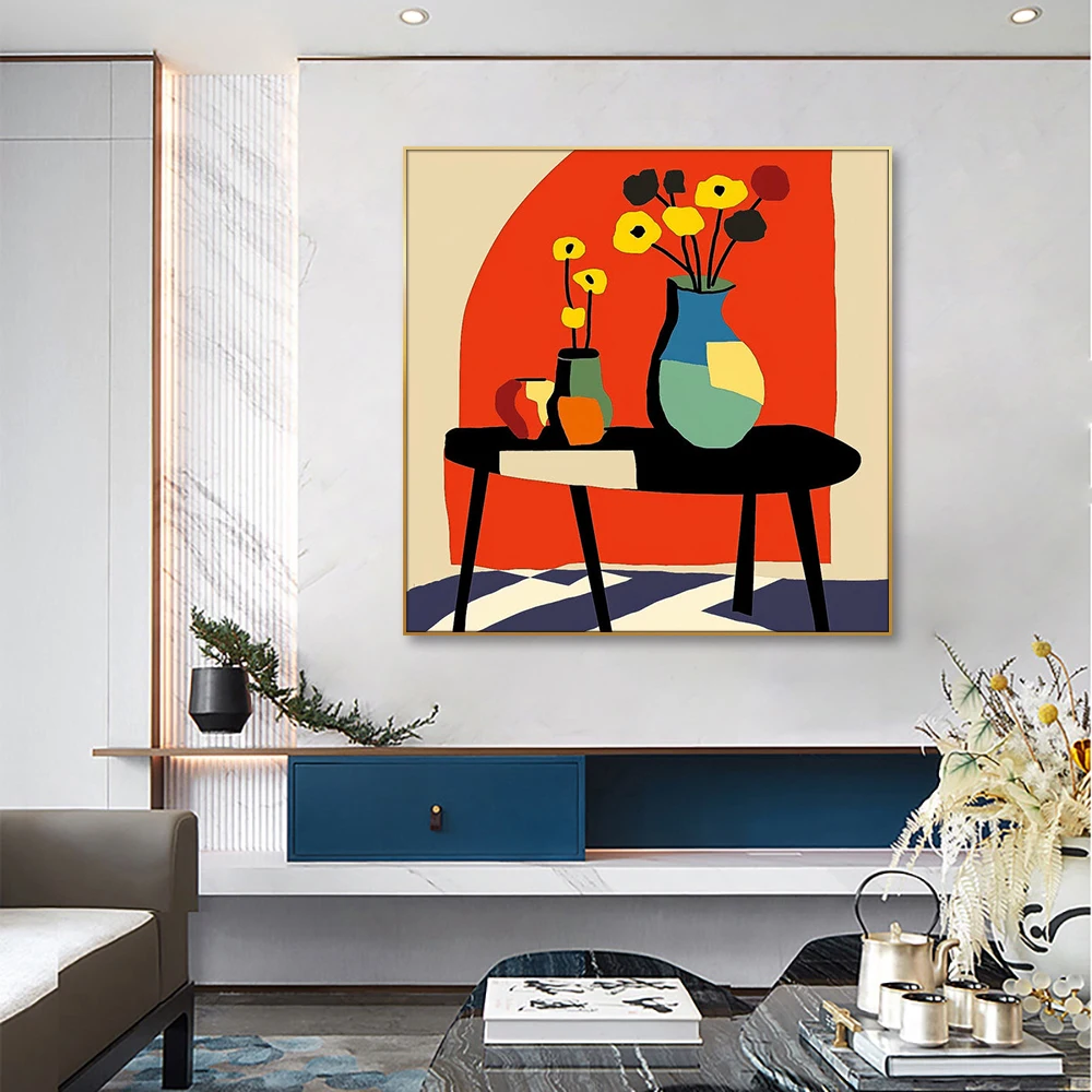 Square Contemporary Abstract Realism Wall Art Large Beautiful Vase with Bright Paintings Linen Material Oil Medium Cotton Base