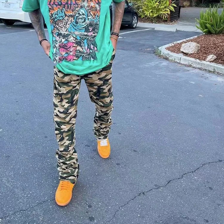 Custom logo Camo Denim Pants Camouflage Colored Cargo Pocket Jeans Men Custom Stacked Jeans