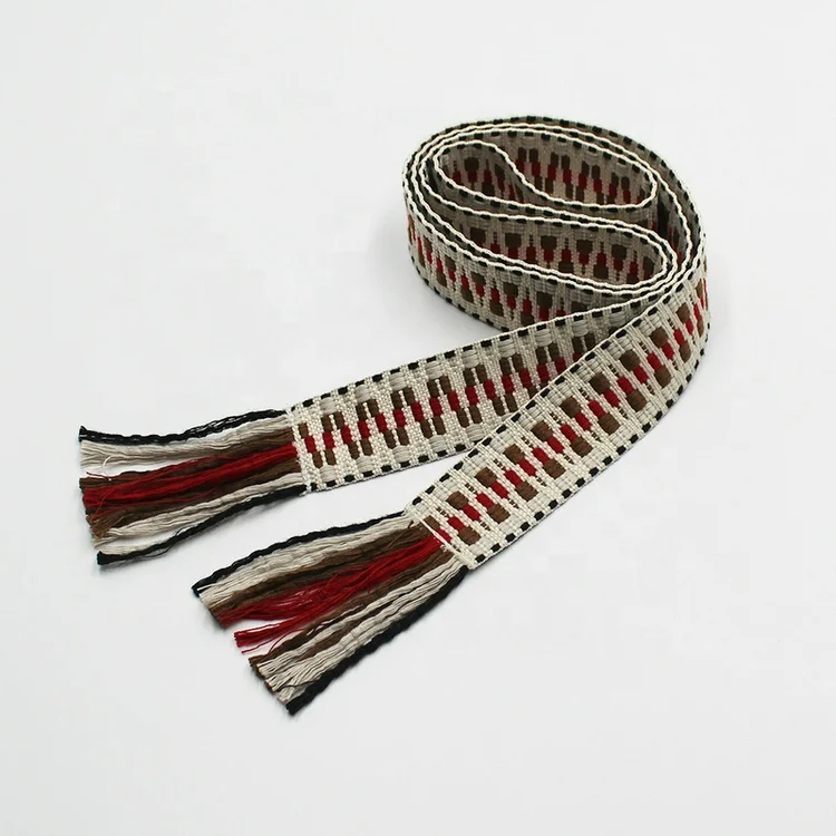 Cotton durable jacquard waist belt women boho dressing fabric belt with tassels