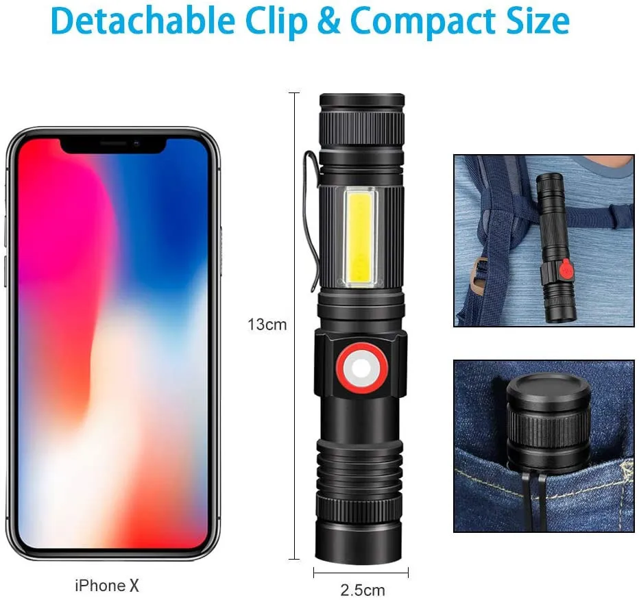 2022 New handy sturdy T6+COB 2 in 1 tactical zoom glare led flashlight TYPE-C rechargeable long range magnetic led torch