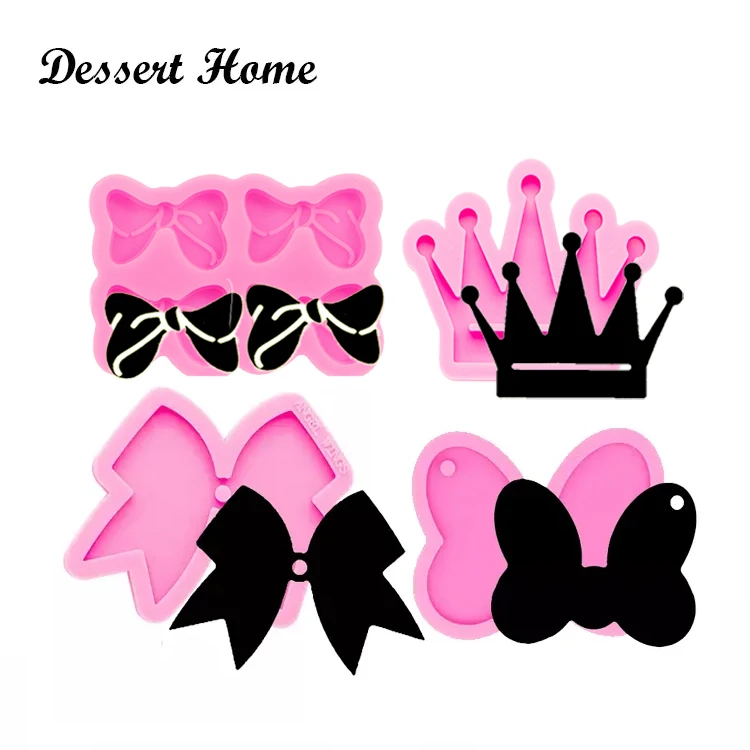 DY0512 Shiny Glossy Bow/Crown Keychain Silicone Mould, Ribbon-breast Cancer Epoxy Resin Bowknot Crafting Molds