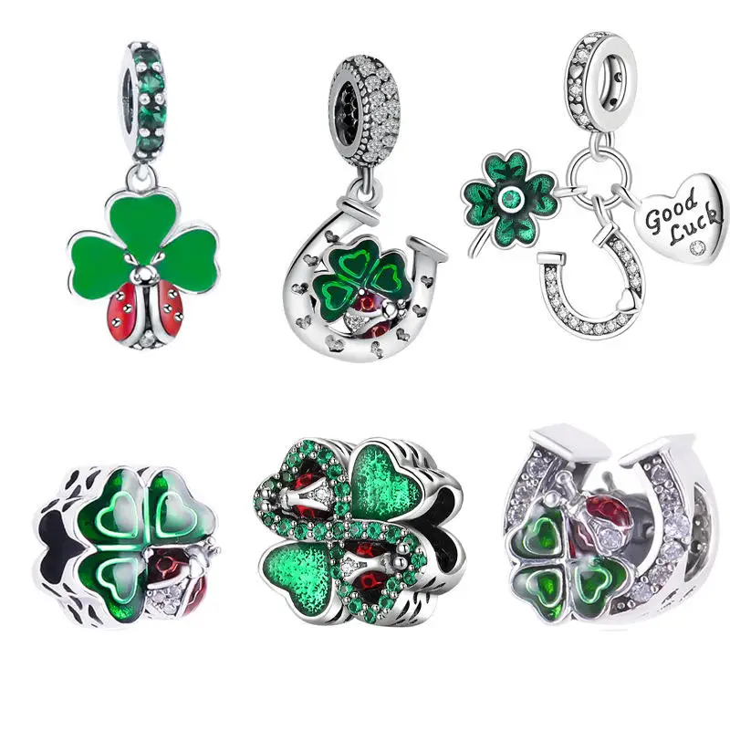 Fashion Real 925 Silver Zircon Charms Horseshoe Pendant Four Leaf Clover Lucky Charm Beads for Necklace Bracelet Making Jewelry