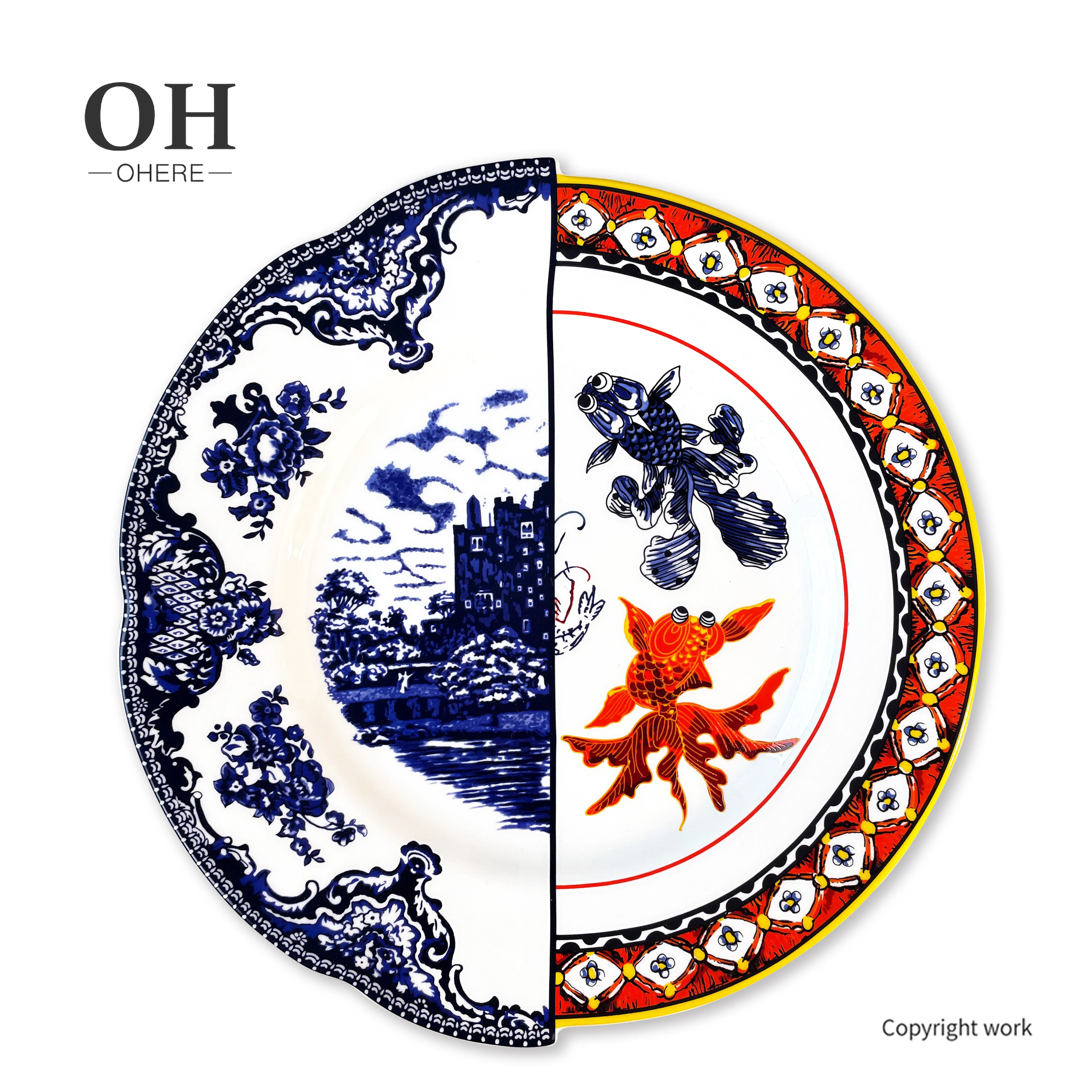 New Design Dinner Set Luxury Irregular Plate Set Country Fish and Flower Dinnerware Decorative Plate Dishes for Event&Catering