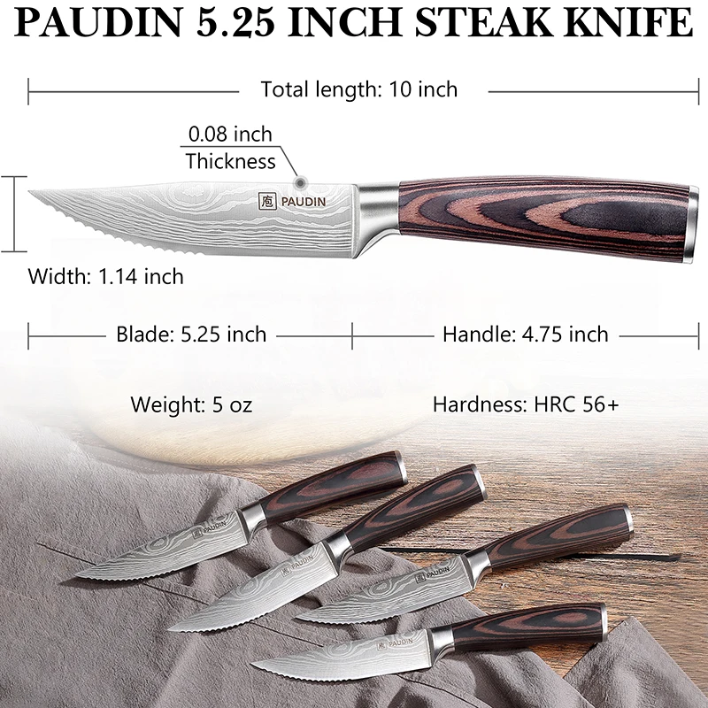 5.25 Inch Steak Knife Set Of 4 Ultra Sharp Serrated Stainless Steel Blade With Pakkawood  Handle Chef kitchen Knife Set