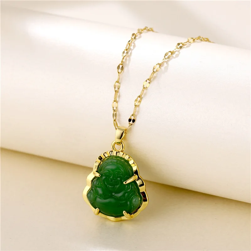 2022 18K Gold Plated titanium steel crystal laughing pendant necklace maitreya carved necklace Buddhist Buddha emerald Necklace