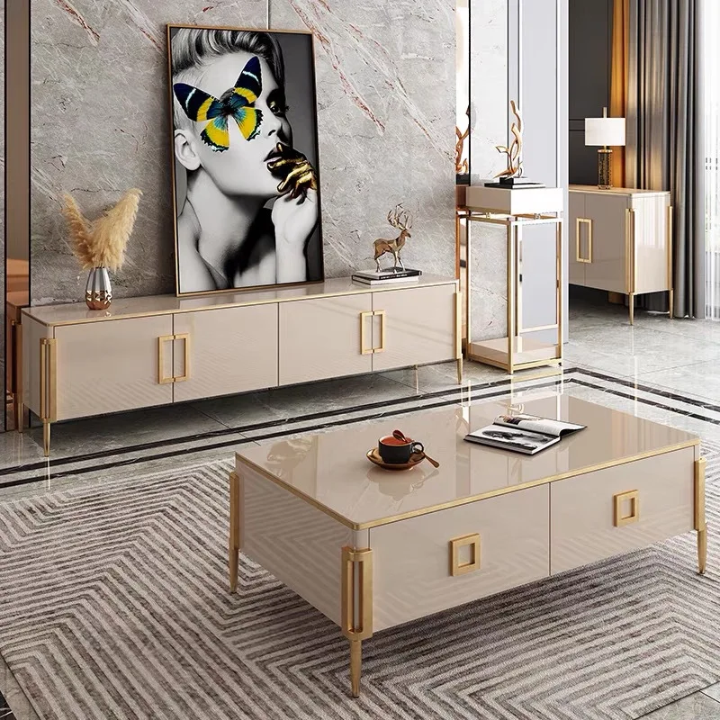 Luxury Style Living Room Furniture Simple TV Table Hotel Central Table Tempered Glass Cabinet With Gold Stainless Steel