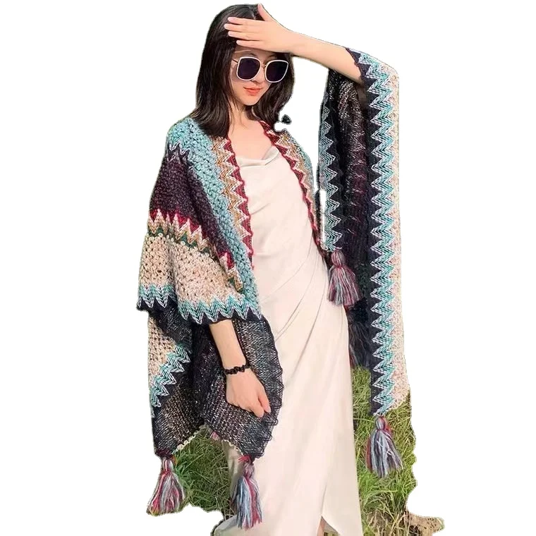 Оптовая Продажа с фабрики, Высококачественный красочный этнический акриловый вязаный шарф пончо, накидка, модная шаль для женщин зимой
