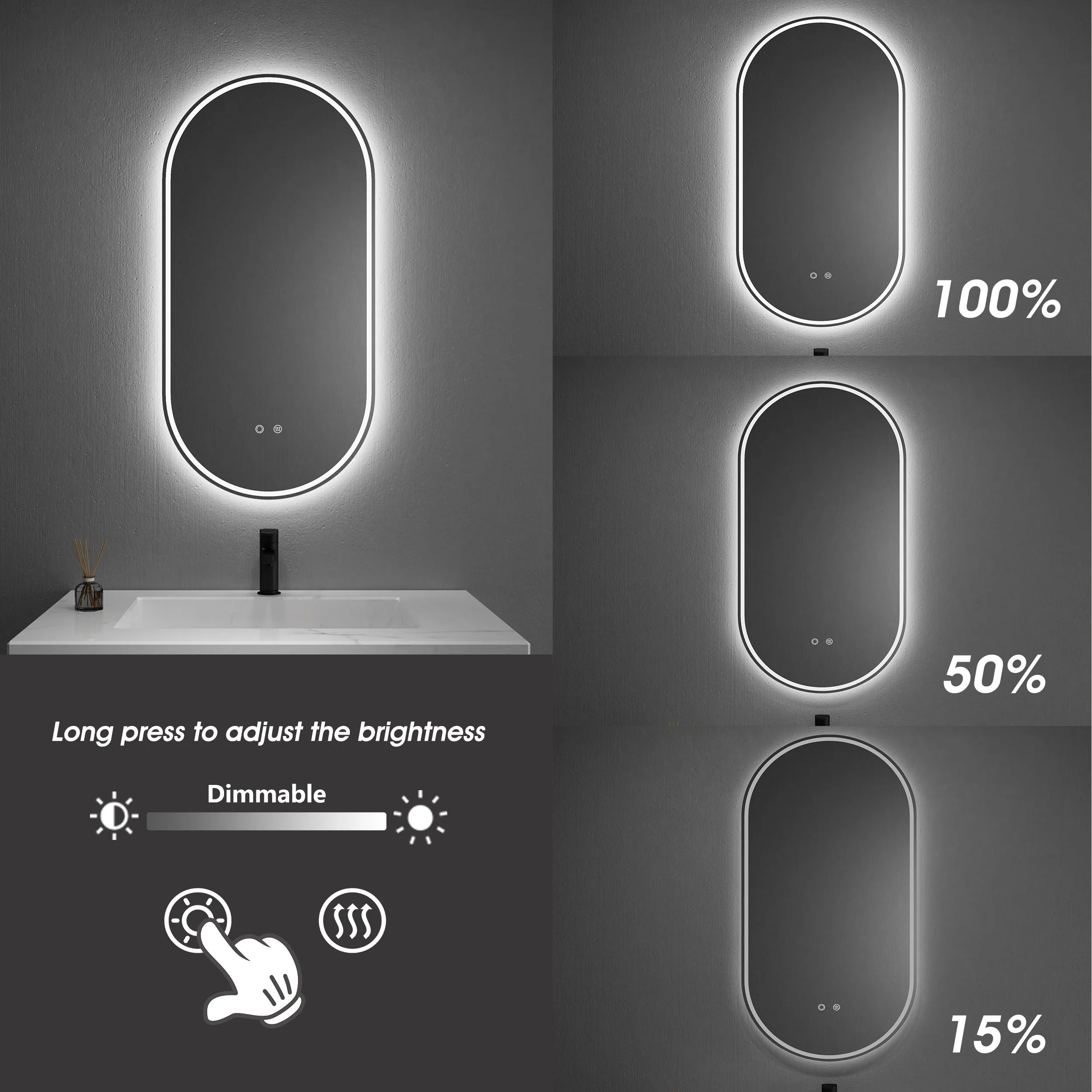 Oval shape anti fog smart wholesale vanity frameless wall manufacturers led light hotel mirror bathroom oval