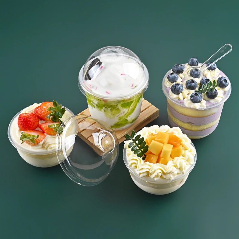 Custom disposable plastic dessert cup yogurt fruit ice cream cup tiramisu container packaging snow cone cake cup with dome lid