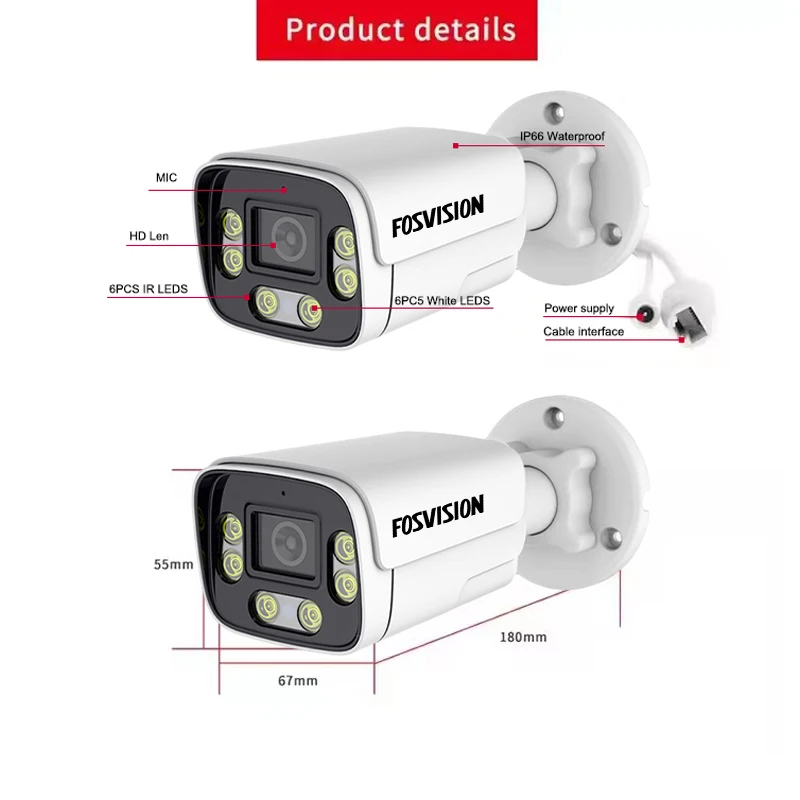 Fosvision 8mp 4K Poe Ip Camera full color Night Vision Outdoor Ir Security Waterproof Bullet Cctv Camera 265 Two Way Audio