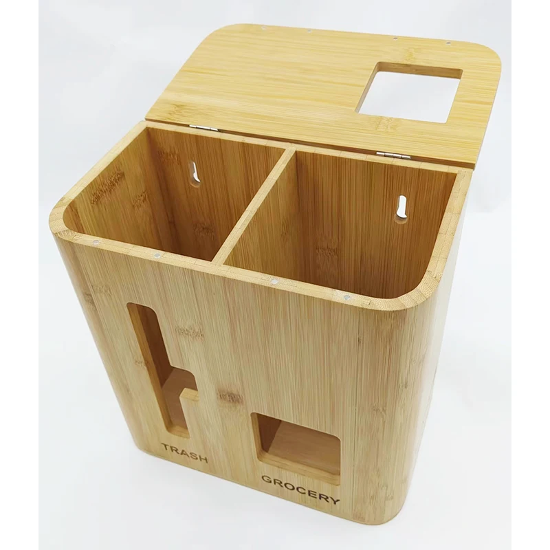 Factory Custom Bamboo Wall Mounted Grocery Trash Bag Holder Storage Organizer 2 in 1 Dispenser
