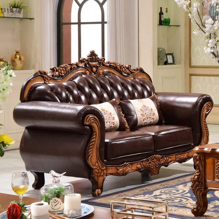 Chuangdian Foshan Factory Customized Luxury European Style Solid Wood Frame Brown Vintage Genuine Leather Living Room Sofa