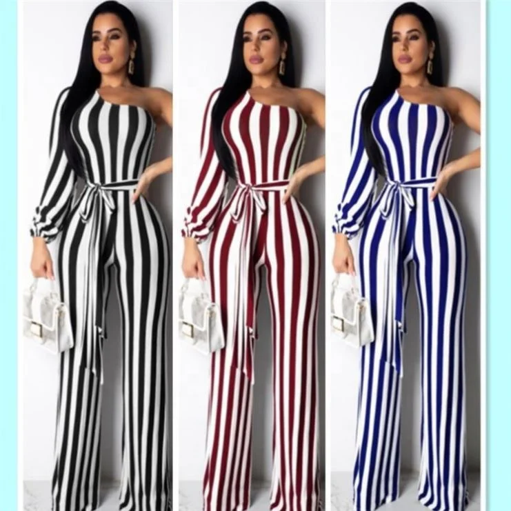 Женский комбинезон в полоску, облегающий комбинезон на одно плечо с длинным рукавом, лето 2019