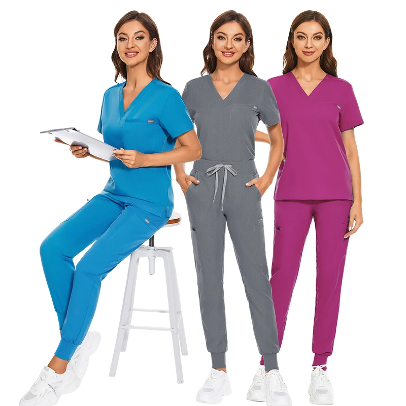 2023 New Style Women Hospital Scrub Uniform Sets Nurse Workwear UniformClothes Scrub Sets Stretch Spandex Navy Blue for Hospital