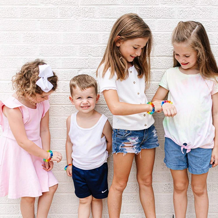 Wholesale Amazon BPA Free Baby Teething Bracelet Rings Durable Rainbow Color Food Grade Silicone Beads Baby Teether