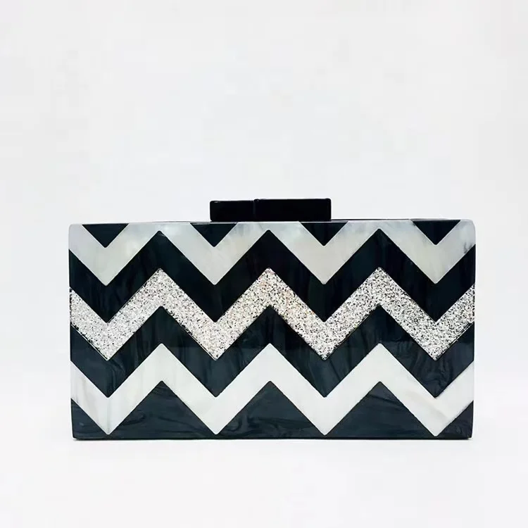 
Black White Striped Glitter Acrylic Clutch Box Messenger Bridal Evening Purse Bags 