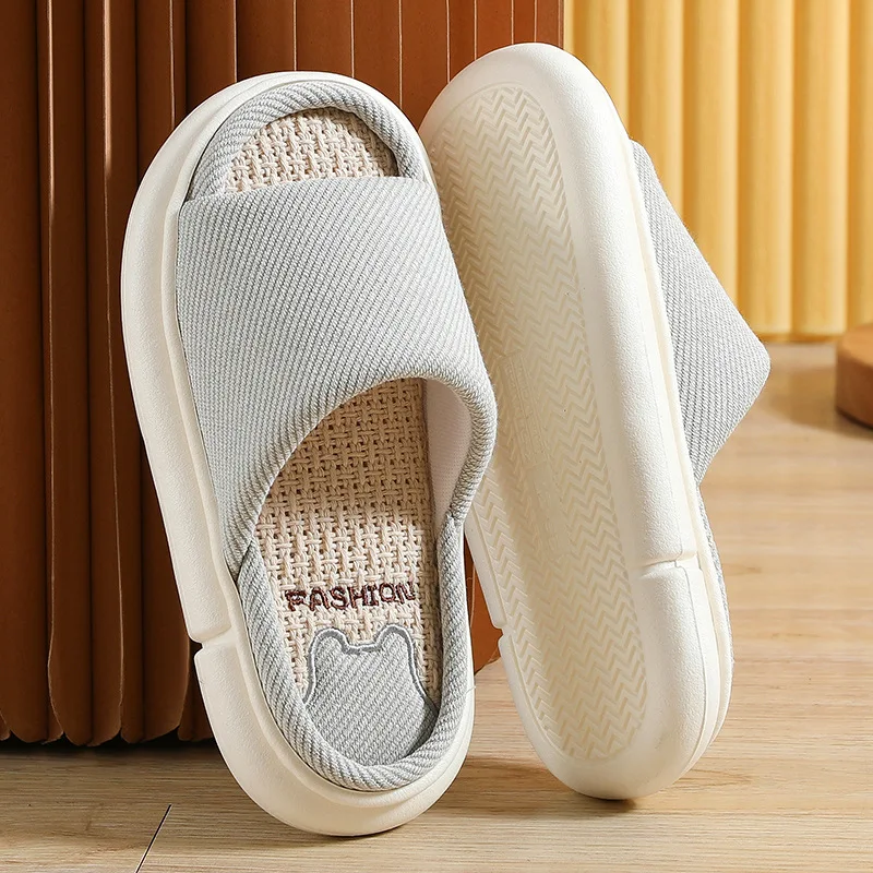 New Linen slippers female residence household cartoon four seasons high end indoor cotton linen thick bottom anti slip sandals