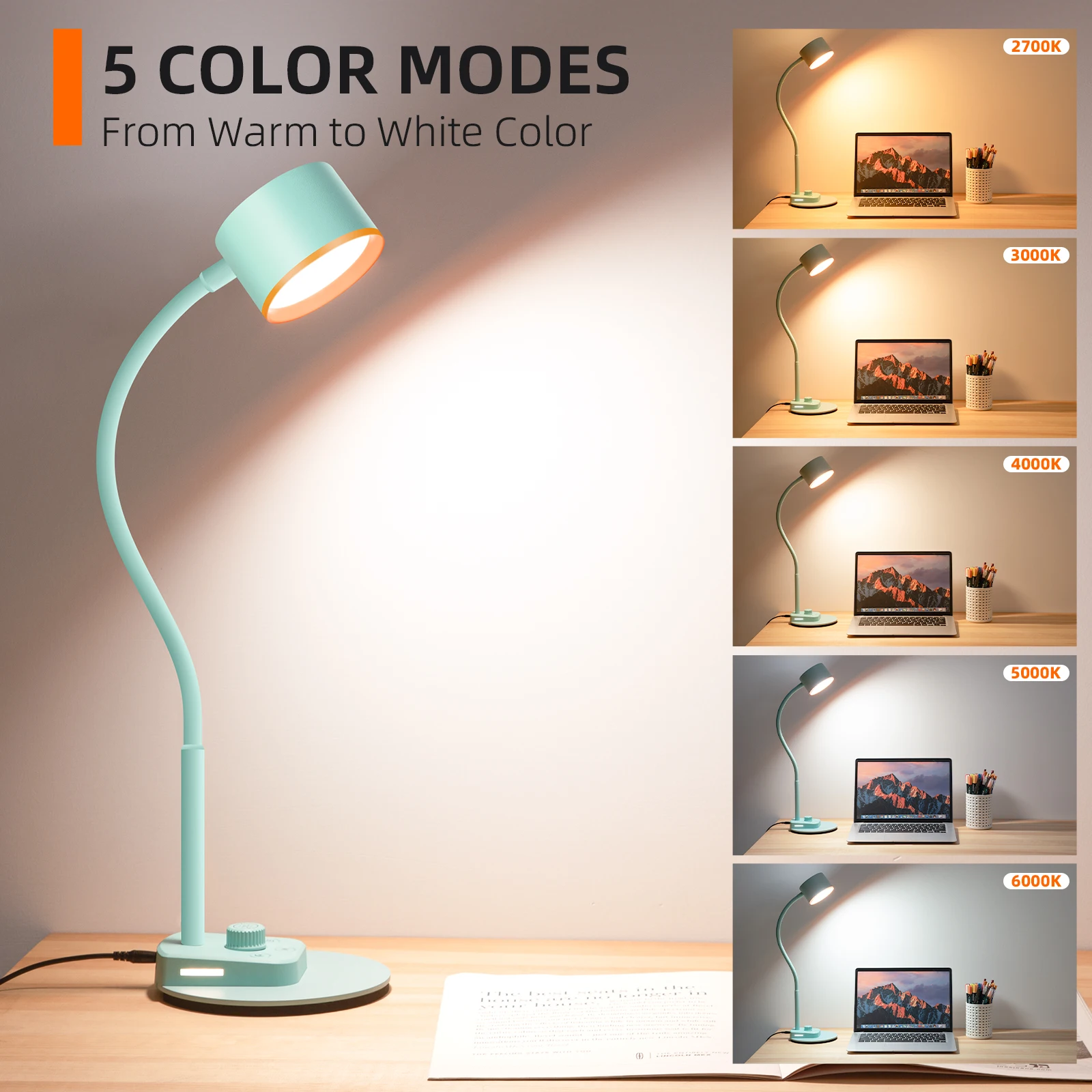 Modern LED Desk Lamp USB Charging Port Intelligent Auto Dimming Task Lamp Flexible Gooseneck Black Shade Bedside Office AC DC