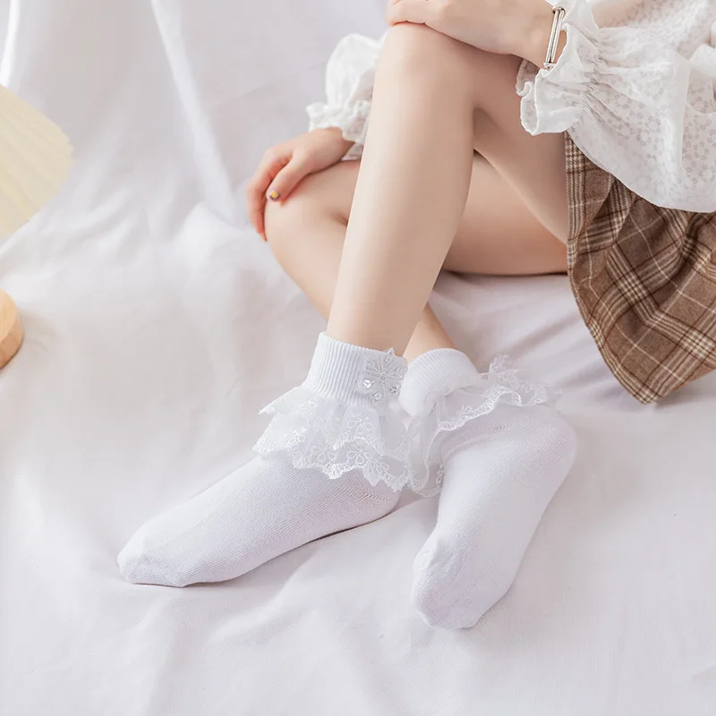 Spring Autumn Lace Lace Bow Pearl Baby Girl Socks Wholesale Ruffle White Socks For Children