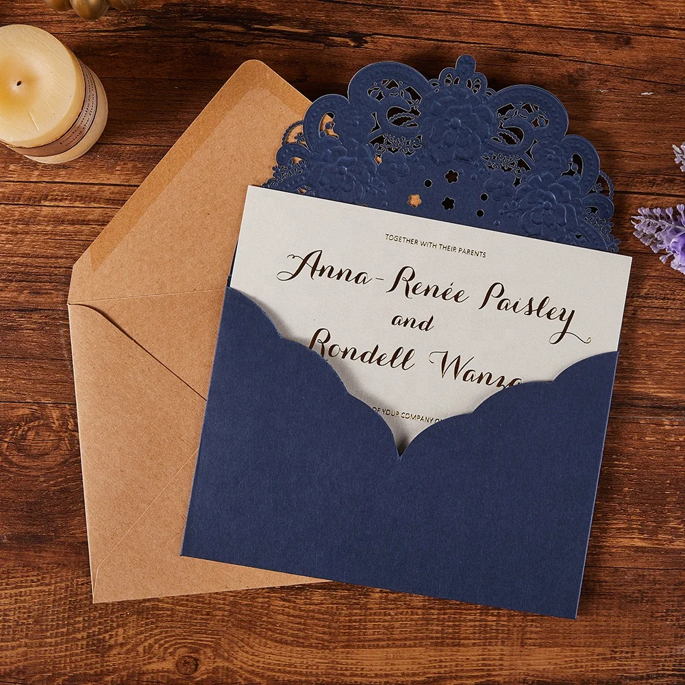 Navy blue envelope pocket embossed floral wedding card cover custom luxury invitation