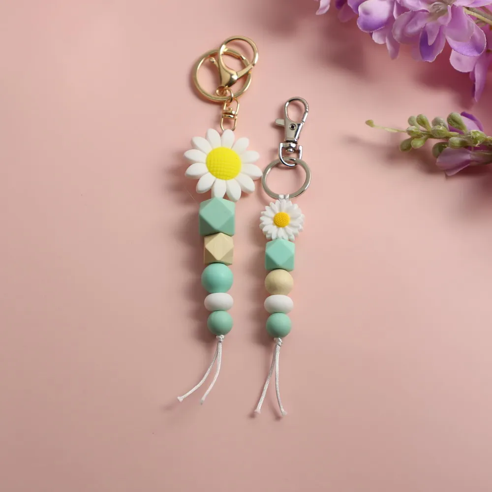 Fashion Summer Candy Colored Silicone Beads Parent-child Keychain Cute  Sunflower Pendant Mommy And Me Family Keychain