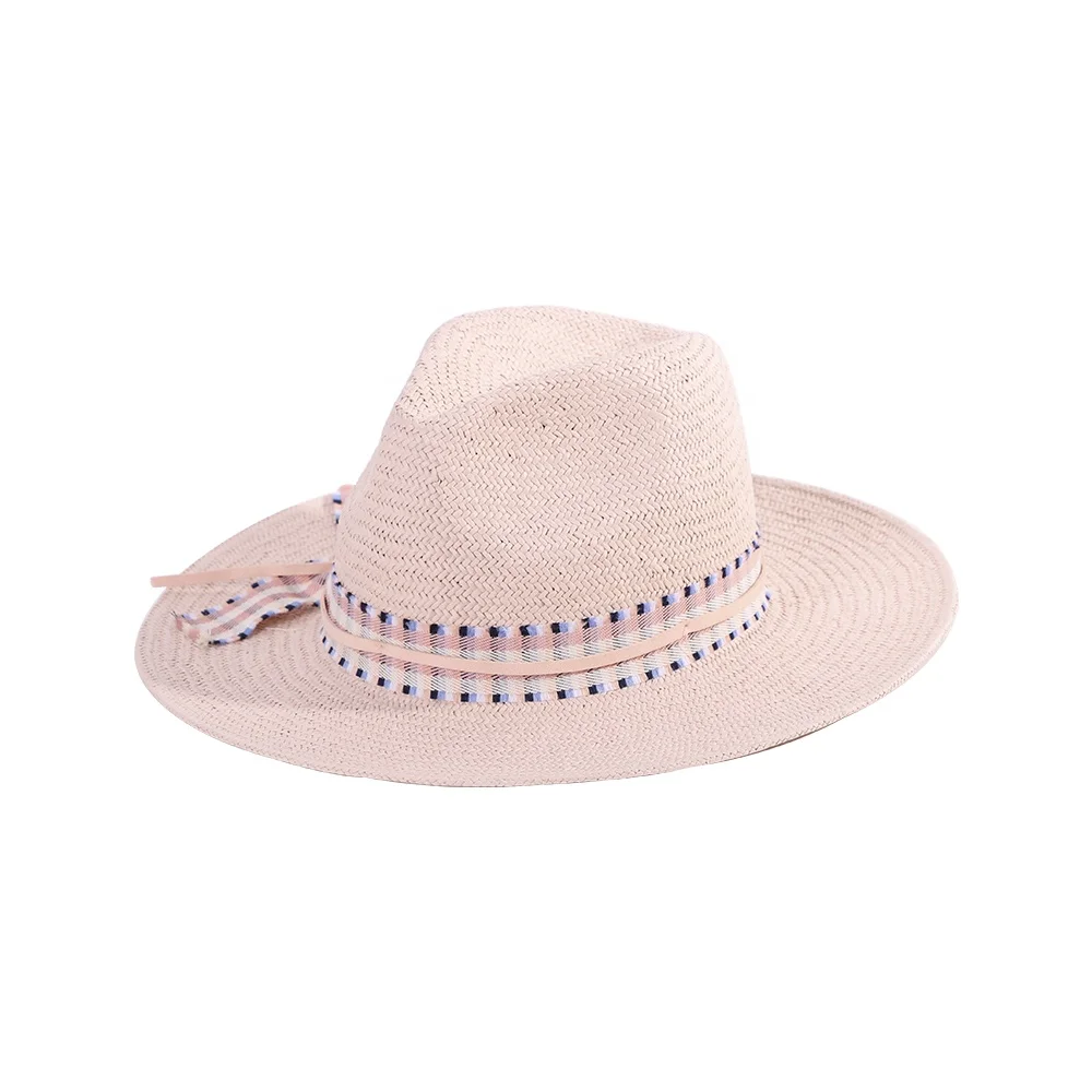Оптовая продажа дешевая Летняя Пляжная лента однотонная окрашенная Панама соломенные шляпы для
