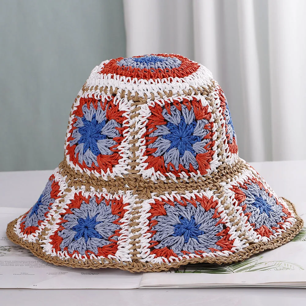 Bohemian Style Womens Straw Hats Weave Hollow Flower Bucket Hat UV Protection Sunhat Visors Ladies Summer Beach Hat Cap