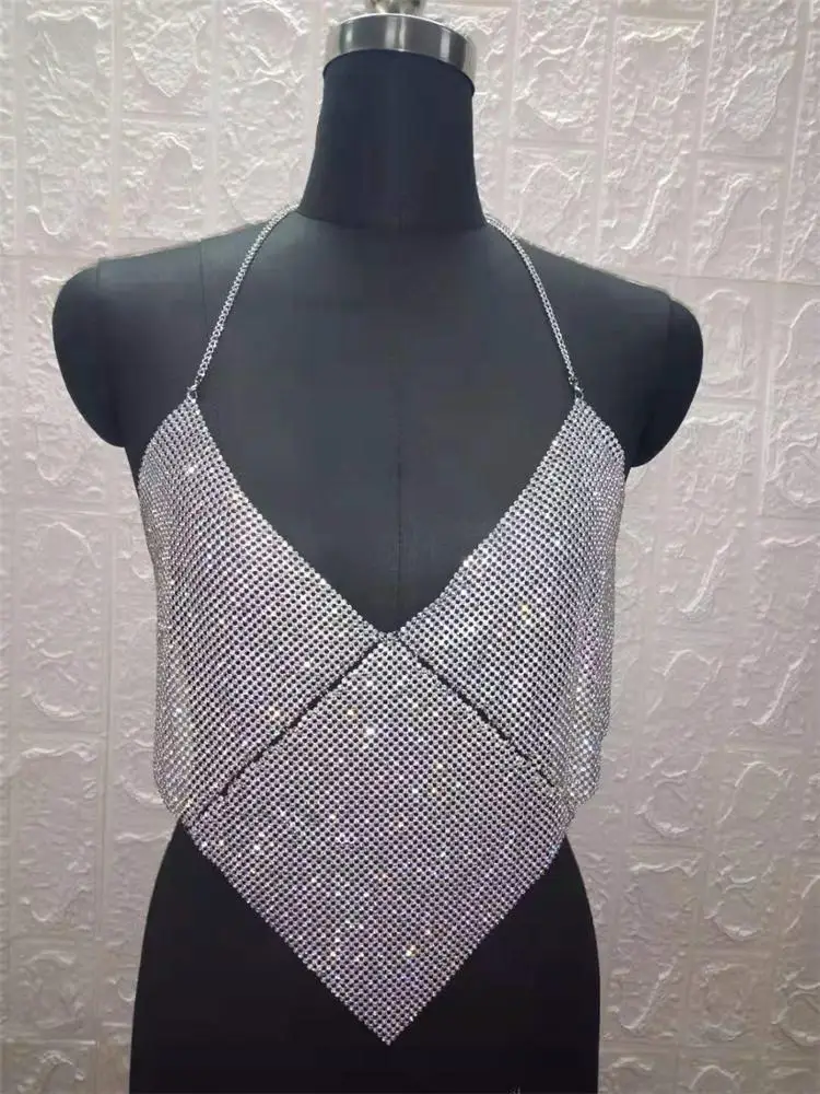 SHT611 Full Crystal Rhinestone Tube Top Strapless Low Cut Backless Crop Tops Sexy Women Slim Dance Party Club Tops Chic