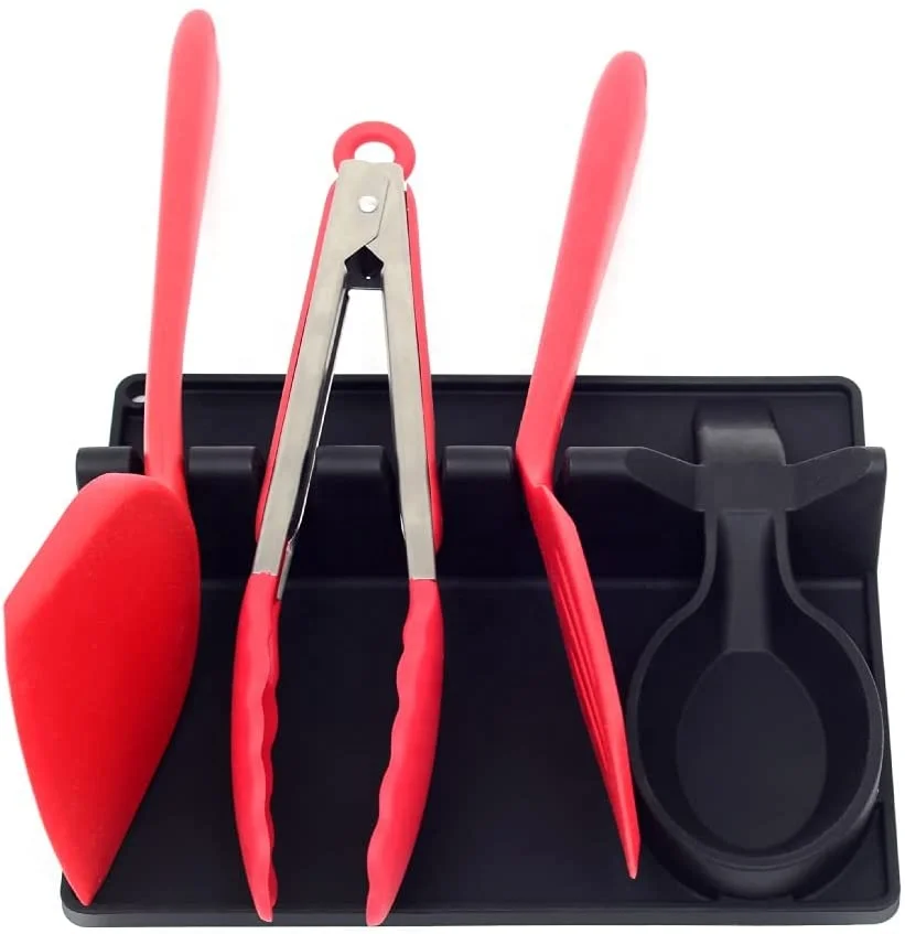 Utensil Rest with Drip Pad Spoon Rest 2 in 1 Larger Size Silicone Spoon Holder for Stove Top Hang Hole Design, Black