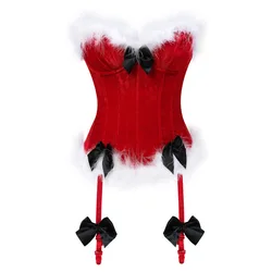 Factory Wholesale Sexy Club Party Court Tunic Feather Plush Christmas Red Clothes Ball Bow Corset Bra Women Lingerie Bustier