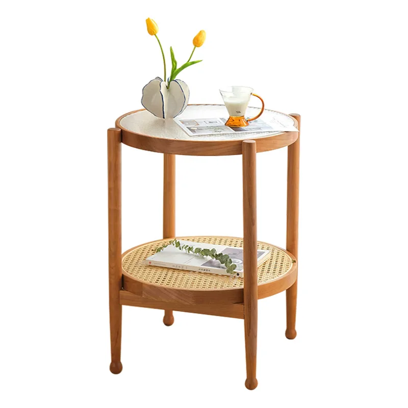 Rattan Round Side Table with Glass Top Italian Rustic Vintage Wood Small Round Rattan End Table