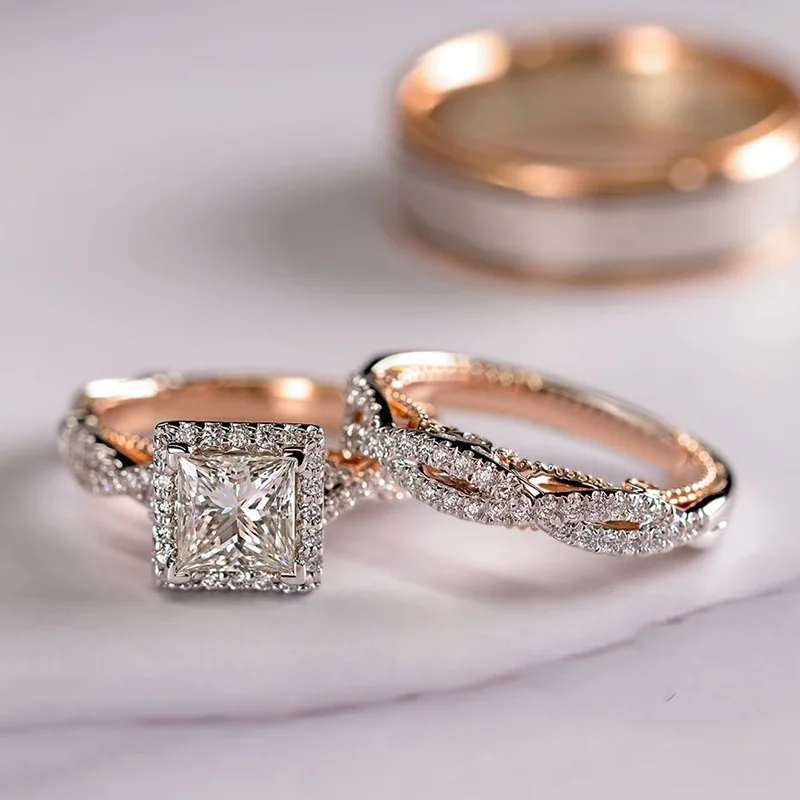 Weddings Jewelry Luxurious Style Classic And Elegant Three Piece Rose Gold Sparkling Zircon Wedding Ring Set For Lovers /