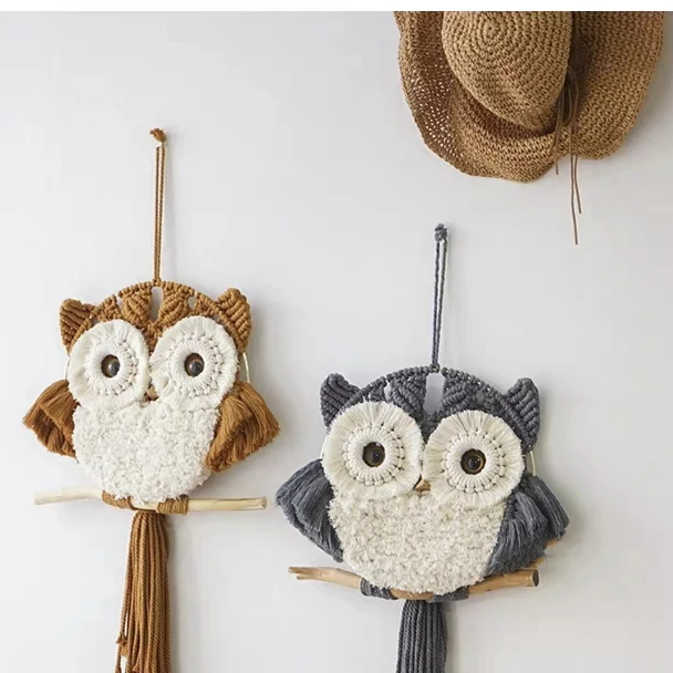 Boho Handmade Woven Macrame Owl Wall Hanging Tapestry Art Decor Office Bedroom Nursery Craft Decorations