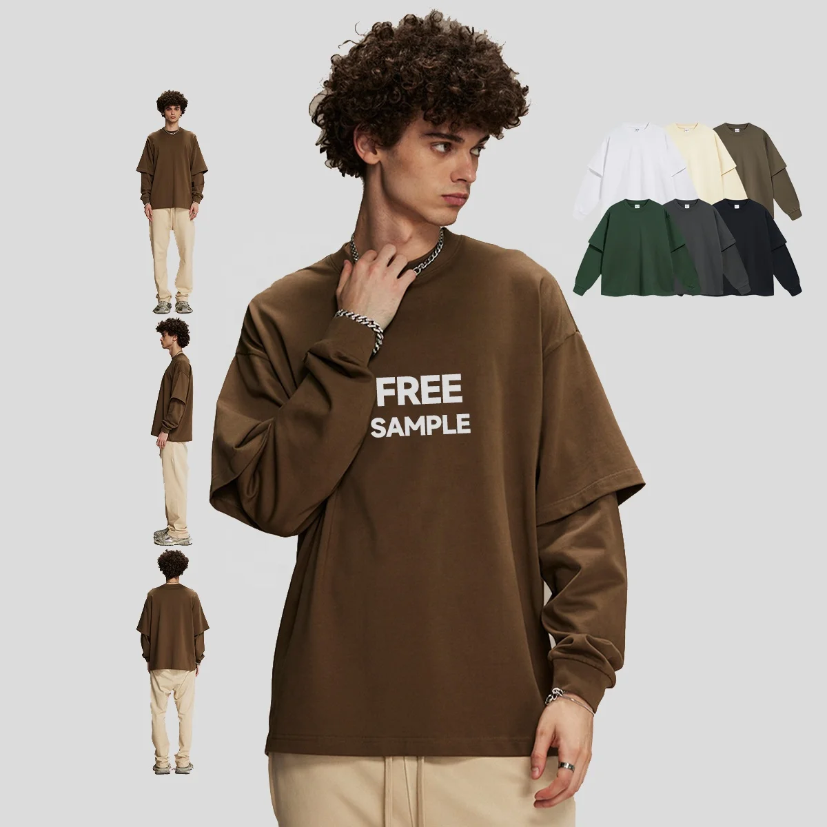 Outdoor Double Layer Shirt Long Sleeve T-Shirt Customized Blank Plain Streetwear Oversize Tee Unisex 100% Cotton Causal T Shirt