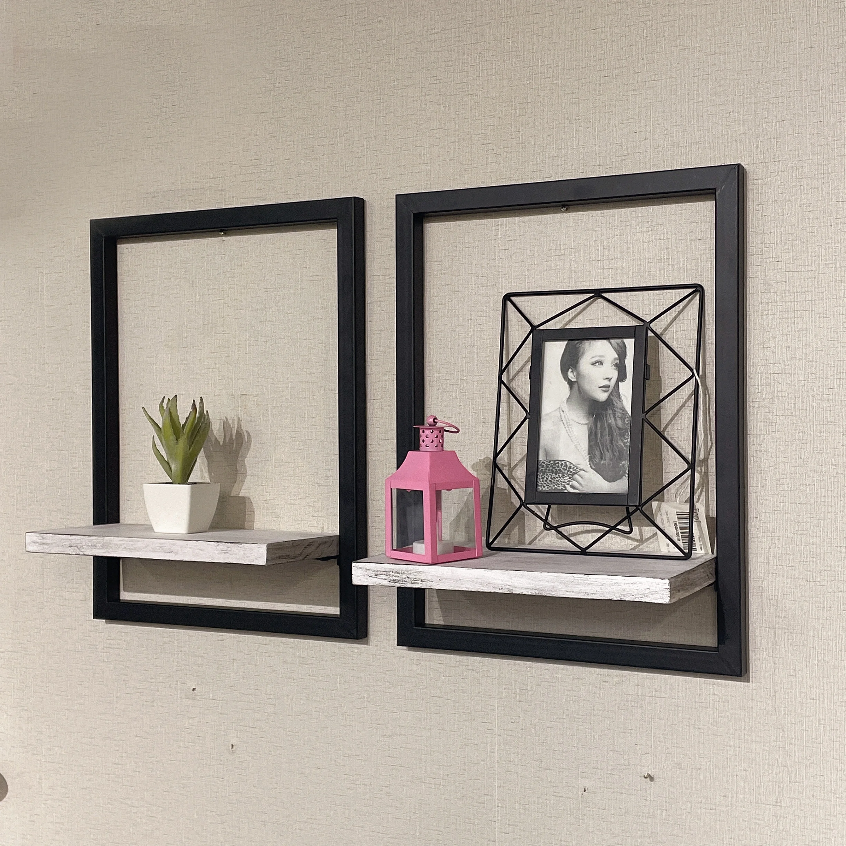 Set of 2 Wall Book Shelf Mount Wall Mounted Rectangle Metal Frame Floating Shelves Display Storage Wood Shelf for Wall Decor