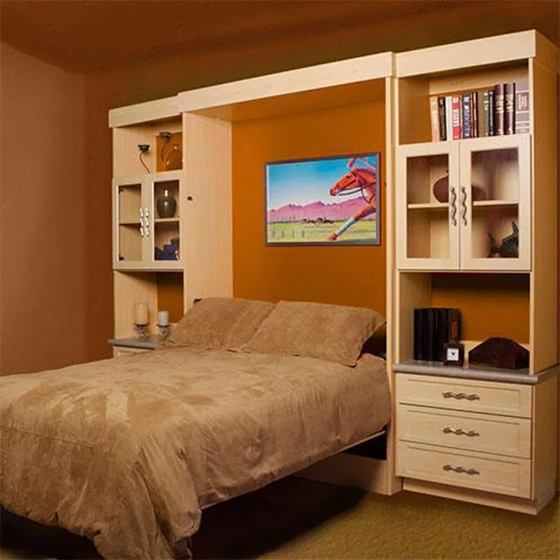 Home smart furniture specific use saving space wall folding bed solid wood murphy bed with storage and bookcase