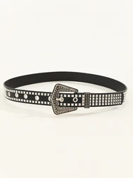 OEM New Style Luxury Western Cowboy Cube Diamond Studded Crystal Leather Strap Pin Buckle Women Rhinestone Belts