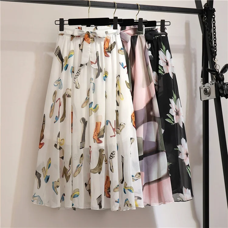 Y308034 Chiffon Floral Skirt Spring Summer New Print Bohemian Long Skirt Elegant High Waist Beach Skirt Womens Clothes
