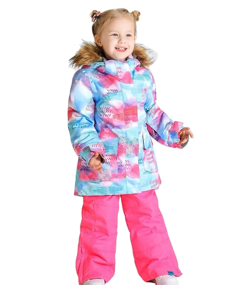 High quality colorful warm print children Kids girls ski snow jacket wear suit
