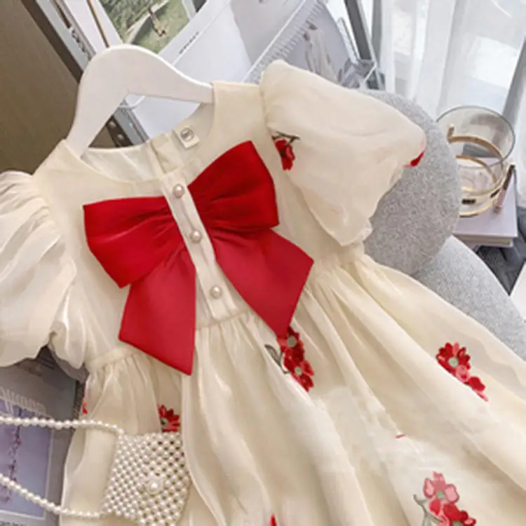 children clothes red bow puff short sleeves girls floral embroidered flowers sweet princess girls dress for summer