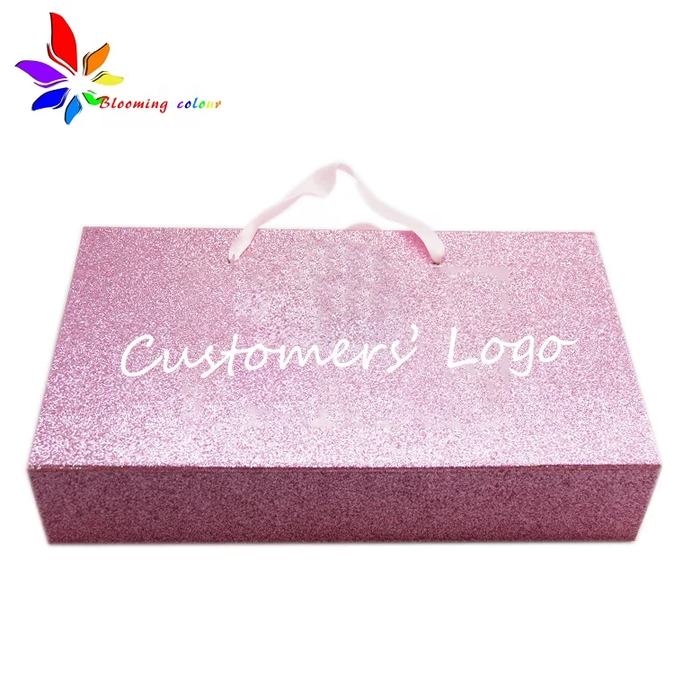 New arrival wholesale pink glitter foldable flat paper board magnetic package box with handle