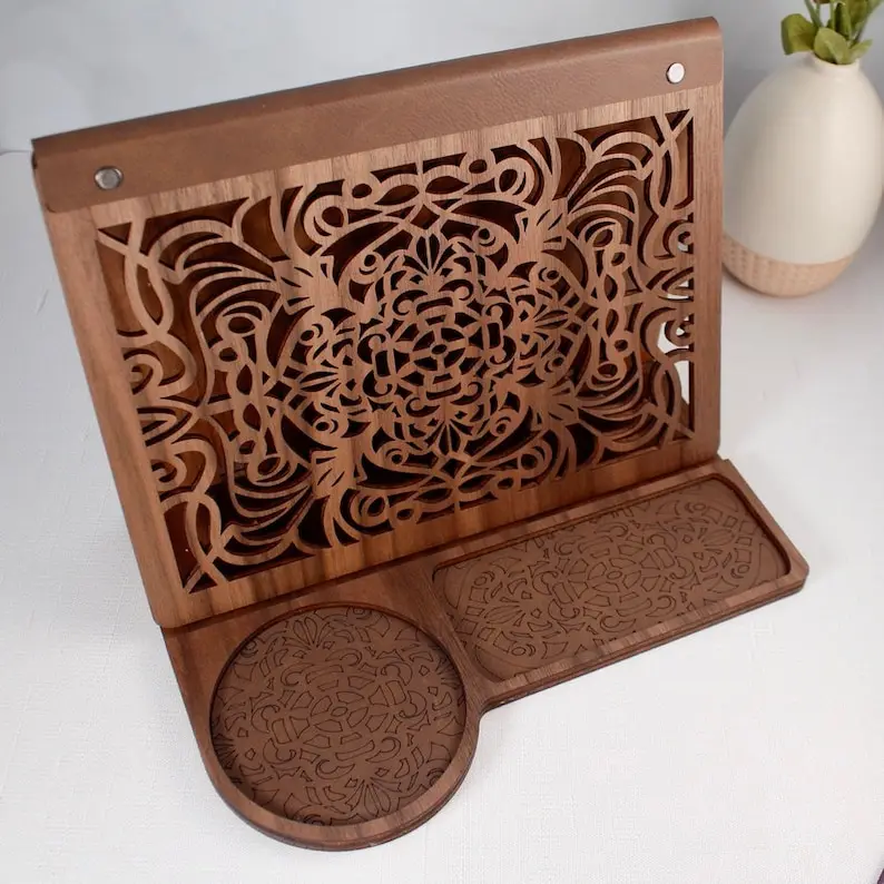 Walnut Wood Book Valet Tray Nightstand with Unique Lasercut Art Deco Design Home Decor Gift for Book Lovers Moms on Birthday