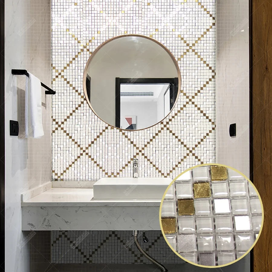 Custom Hand-cut Wall Mural Design White Gold Mosaic Glass Tiles Art Picture for Kitchen Backsplash Bathroom Hotel Wall Project